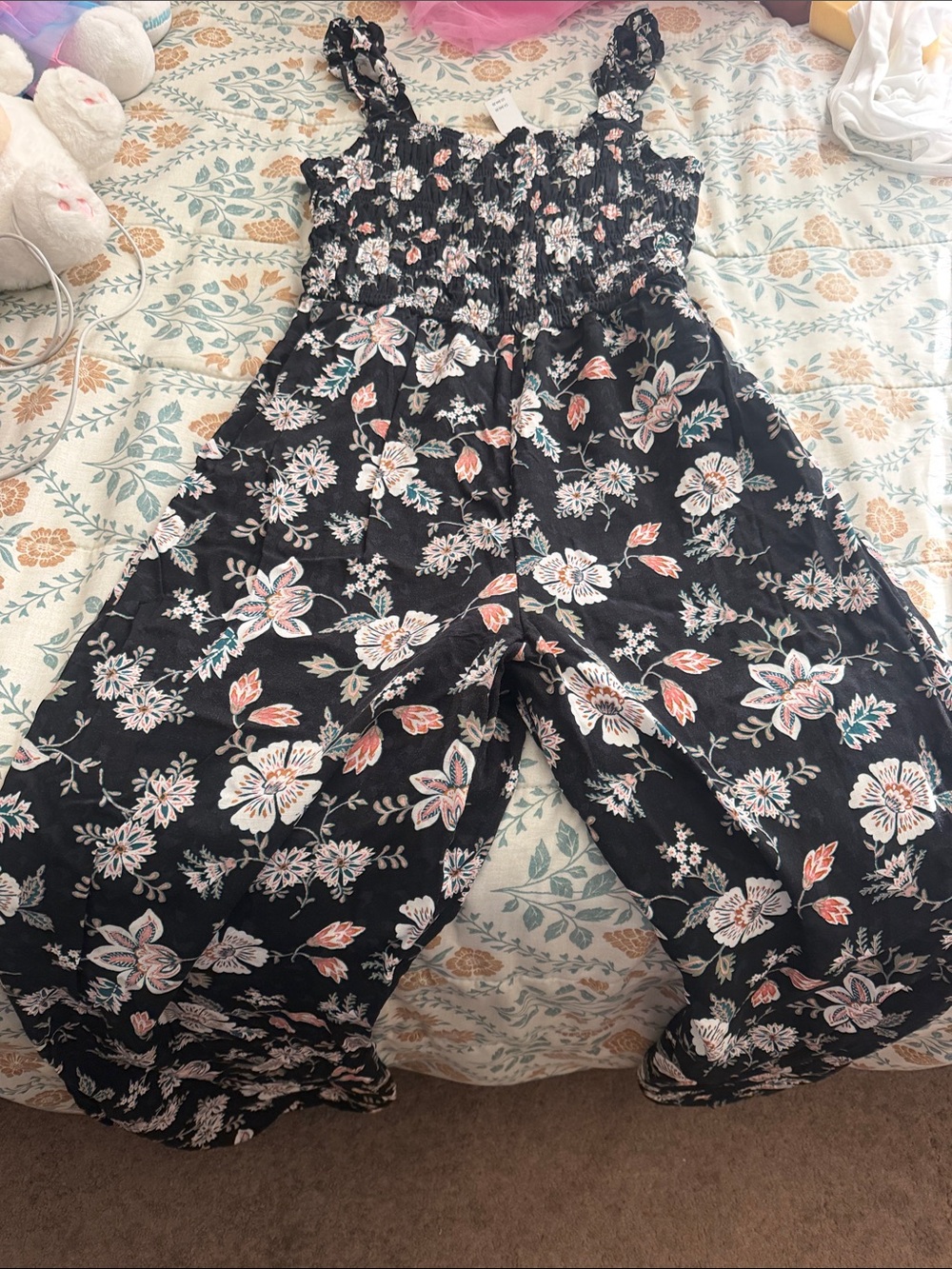 Maurices Black Floral Smocked Jumpsuit with Ruffle Straps